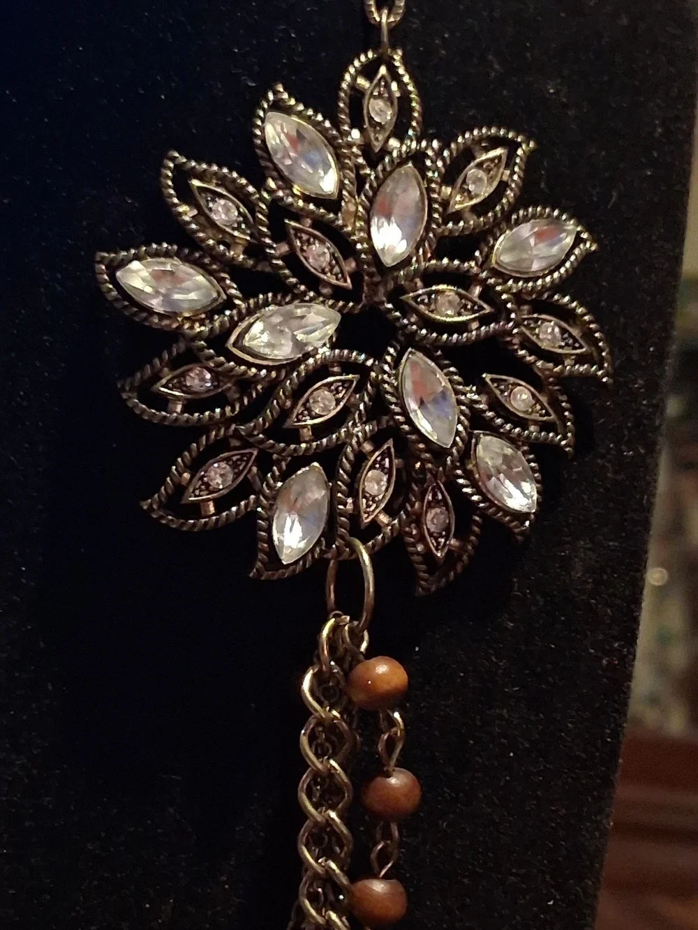 Vintage-Style Bronze Multi-Strand Necklace Rhinestone Flower 24